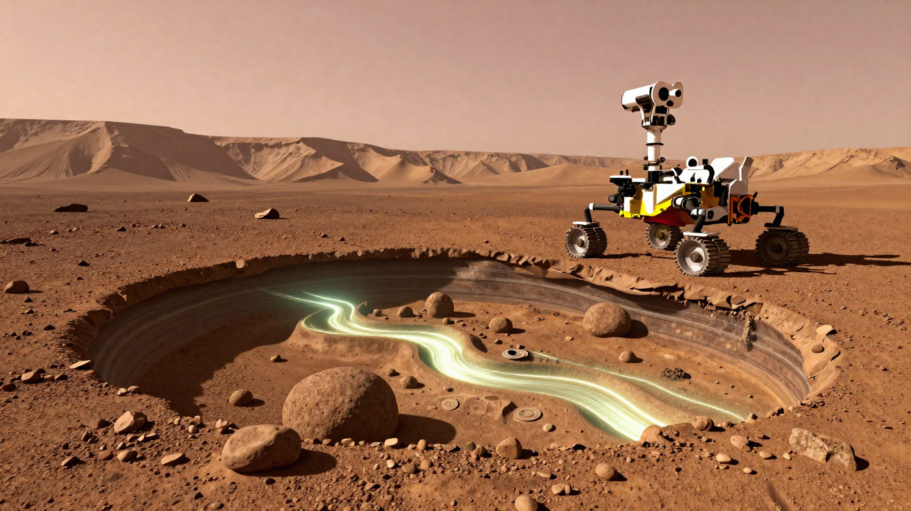 Rover explorador em Marte próximo a uma cratera com um fluxo luminoso no seu interior.