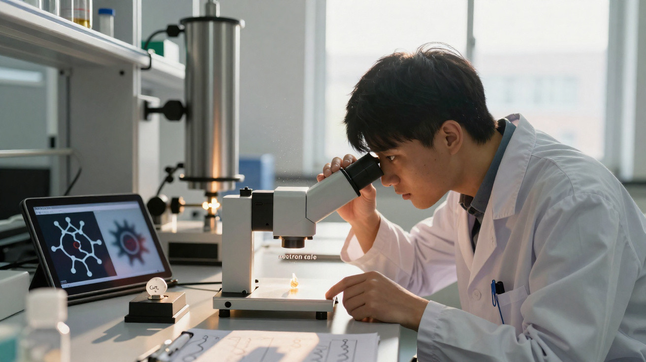 Homem jovem com bata branca a observar através de um microscópio num laboratório moderno.