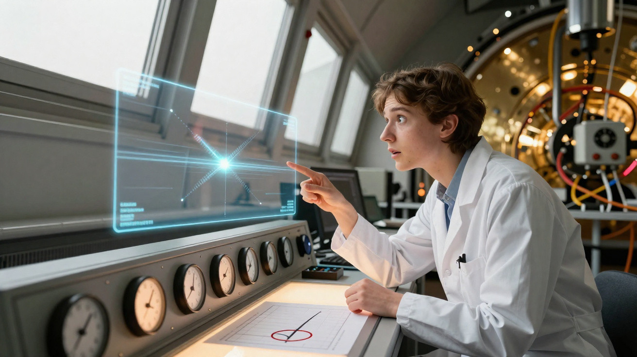 Jovem cientista em bata branca interage com ecrã tátil holográfico num laboratório tecnológico avançado.