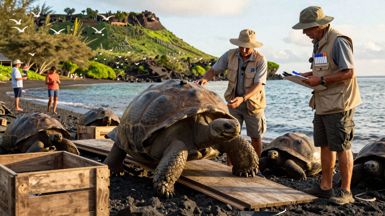 Dois homens com chapéus observam e registam dados de uma tartaruga gigante numa praia de areia negra.