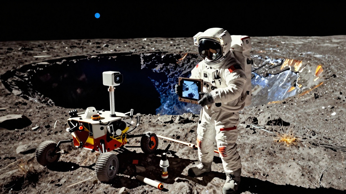 Astronauta na superfície lunar com rover, segurando tablet, perto de cratera profunda e Terra ao fundo.