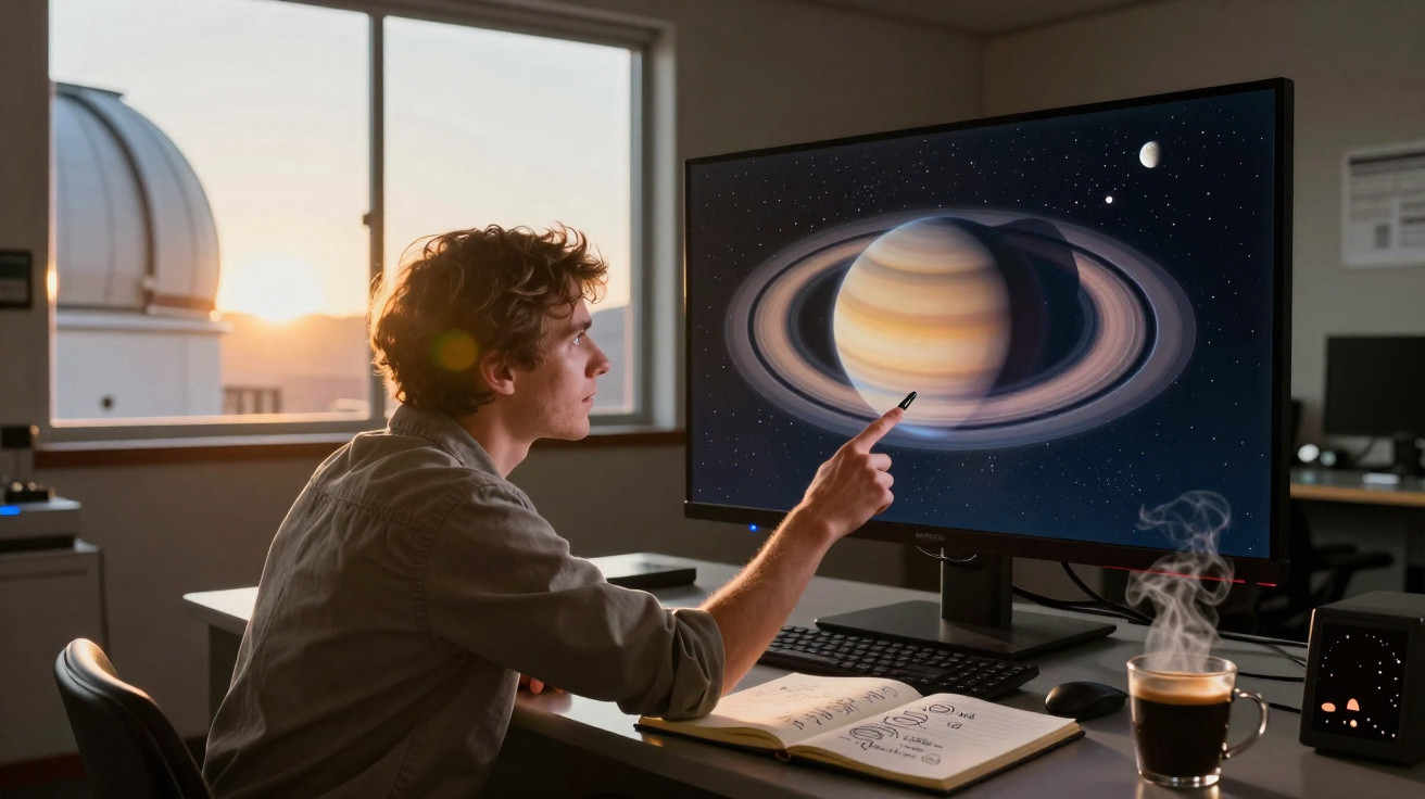 Homem a estudar um planeta com anéis num ecrã, num observatório ao pôr do sol com caderno aberto e café.