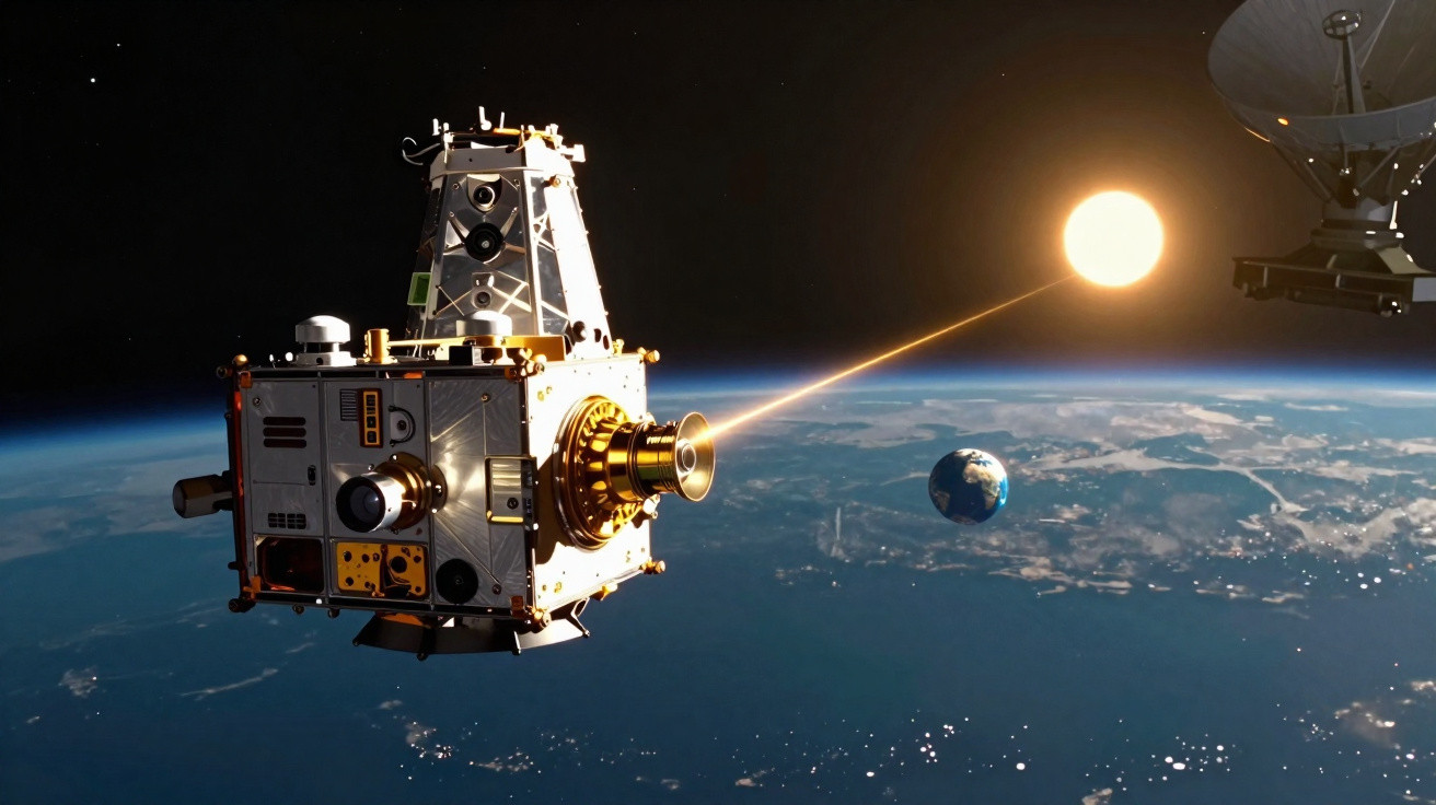 Sonda espacial dourada em órbita terrestre, a emitir feixe de luz em direção ao sol nascente.