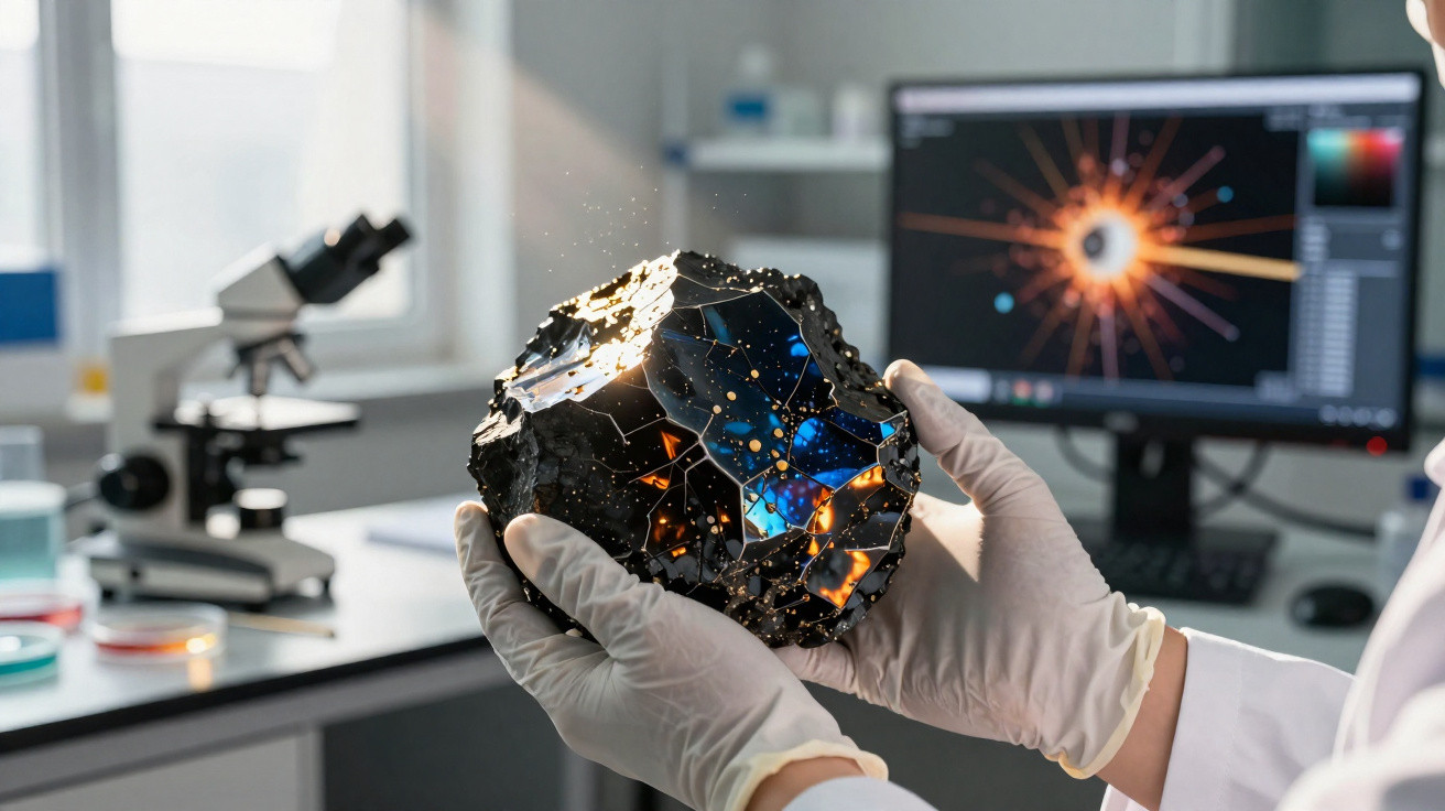 Mãos com luvas médicas seguram um vidro fragmentado iluminado num laboratório com microscópio e computador ao fundo.