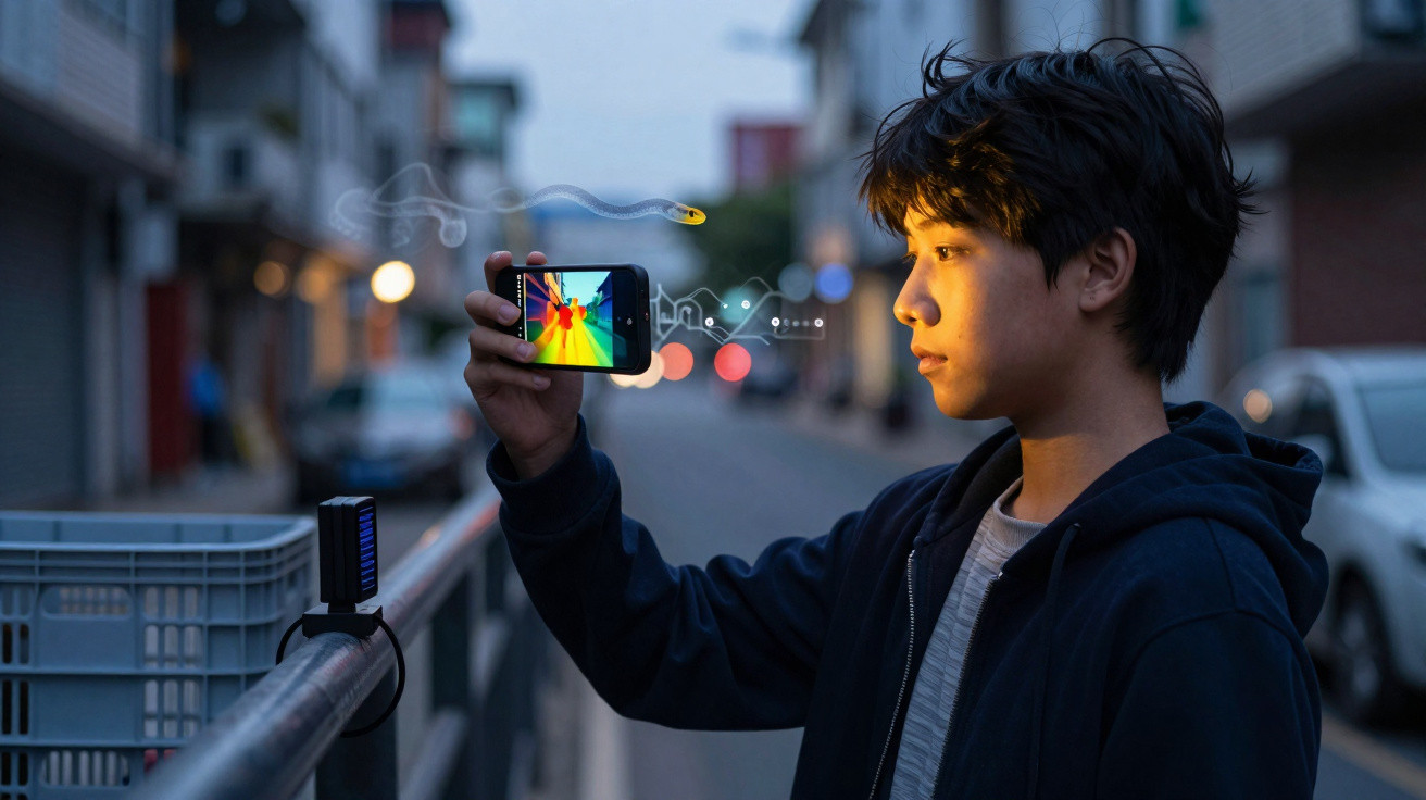 Jovem a tirar fotografia com smartphone de imagem térmica numa rua ao entardecer.