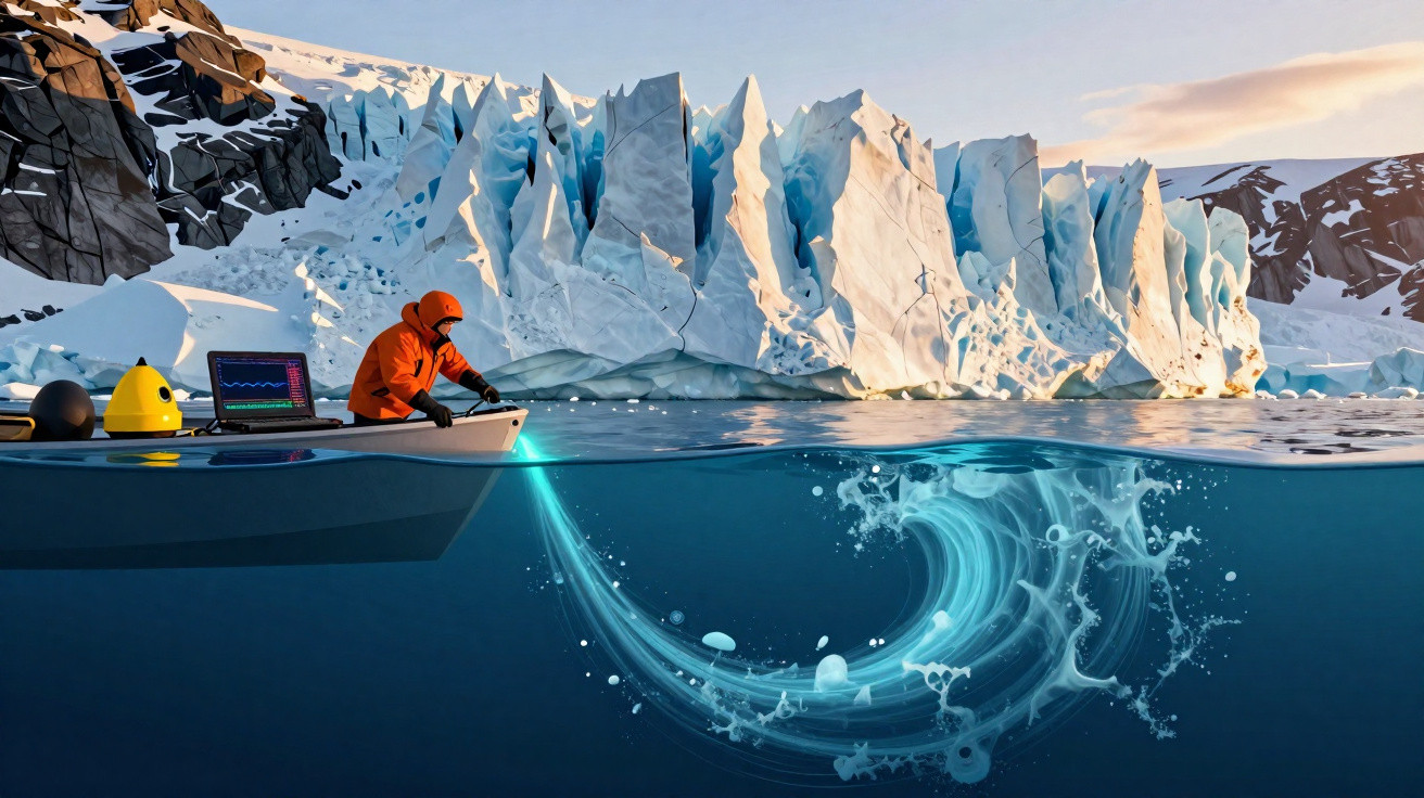 Dois cientistas em barco e plataforma no mar junto a geleira com equipamento de monitorização subaquática.
