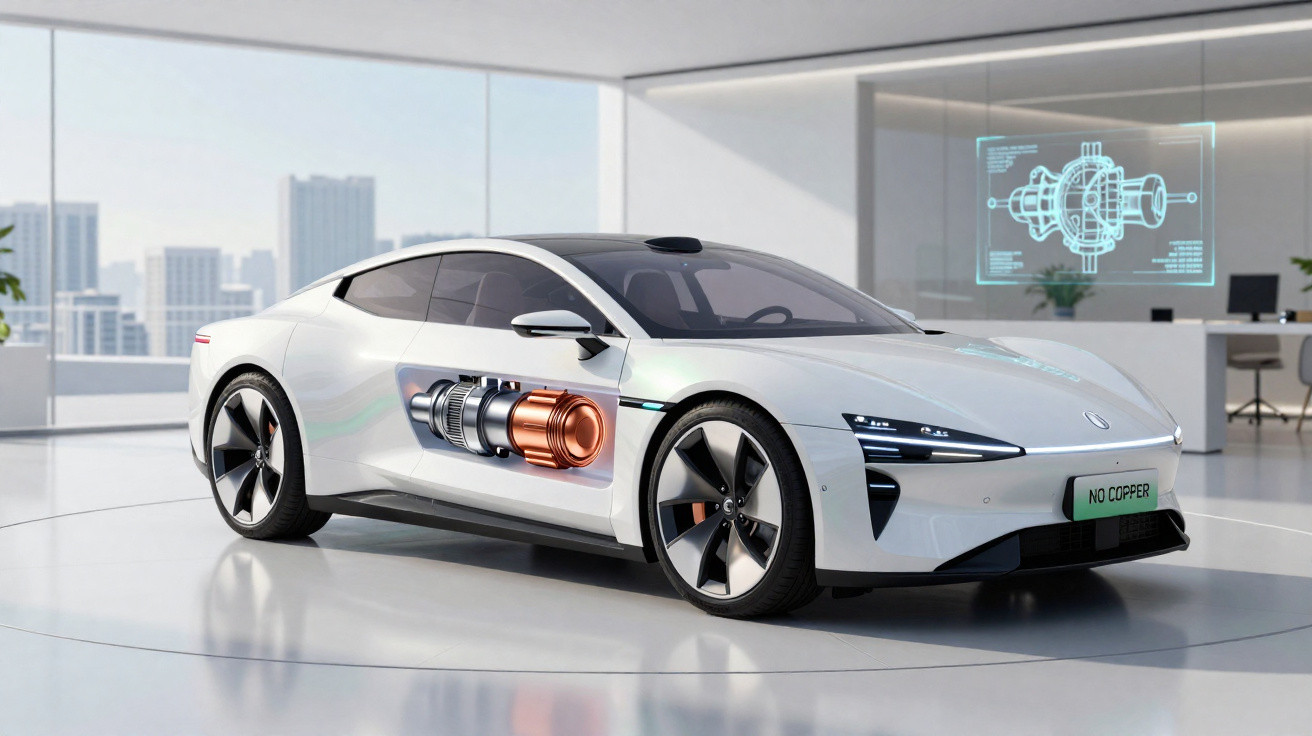 Carro elétrico branco com design moderno e sistema interno iluminado destacando componentes elétricos.