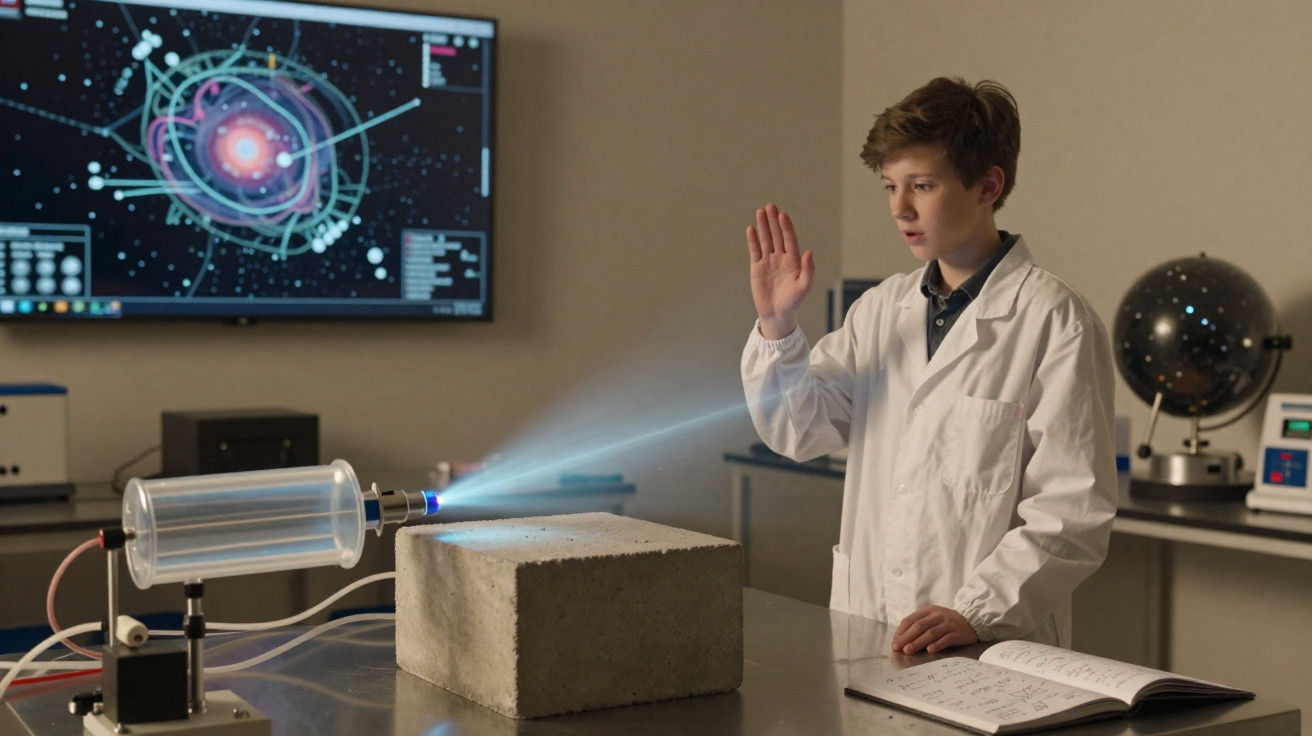 Criança com bata de laboratório a testar equipamento científico que emite luz sobre um bloco de cimento.