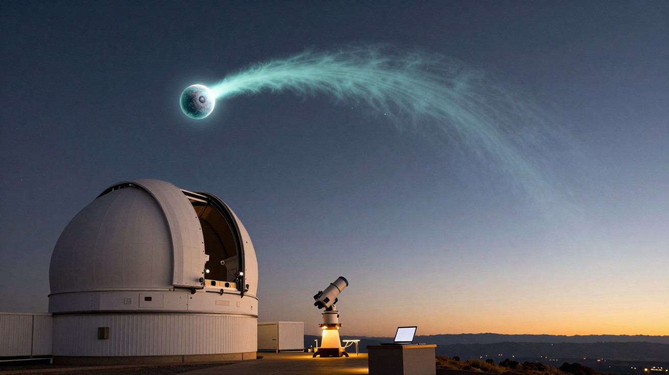 Observatório astronómico ao anoitecer com telescópios e um planeta brilhante no céu estrelado.