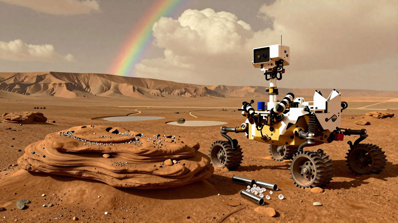 Rover exploratório a examinar rochas num terreno árido com um arco-íris ao fundo.