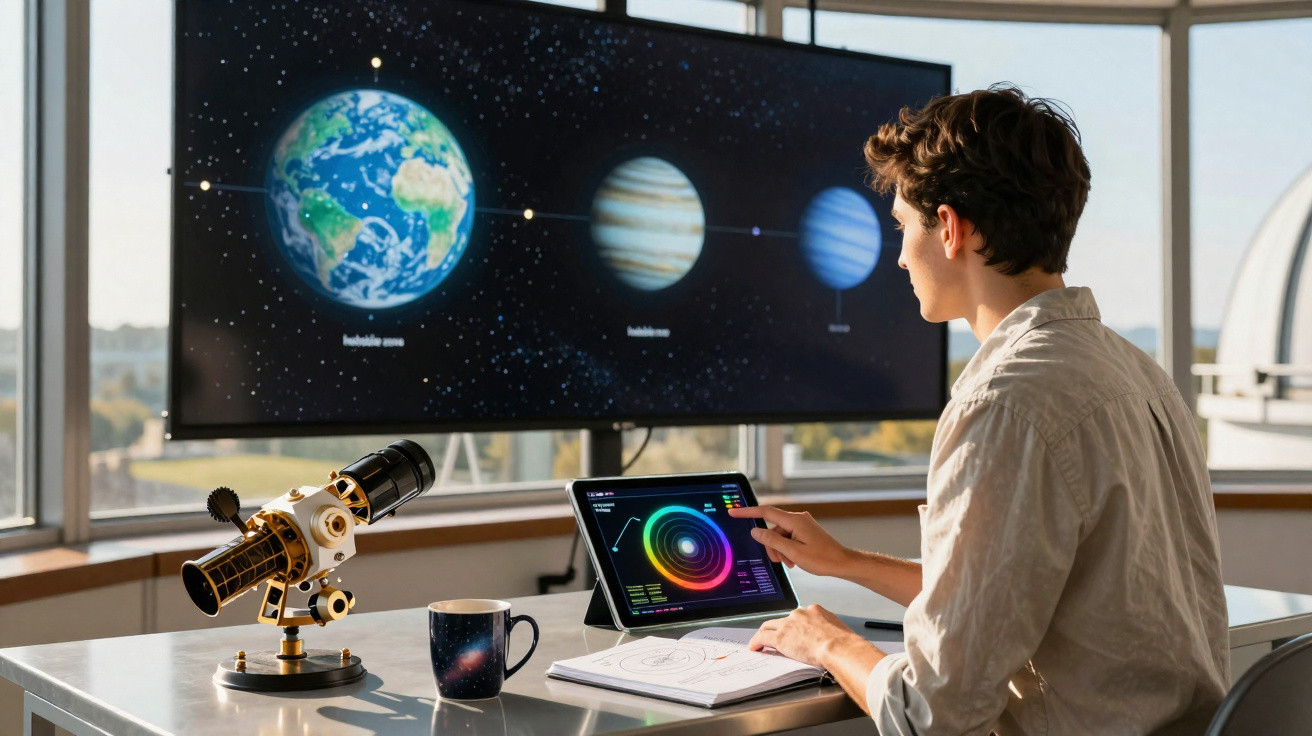 Mulher observa modelo digital do sistema solar com Terra e planetas em ecrã grande em escritório iluminado.
