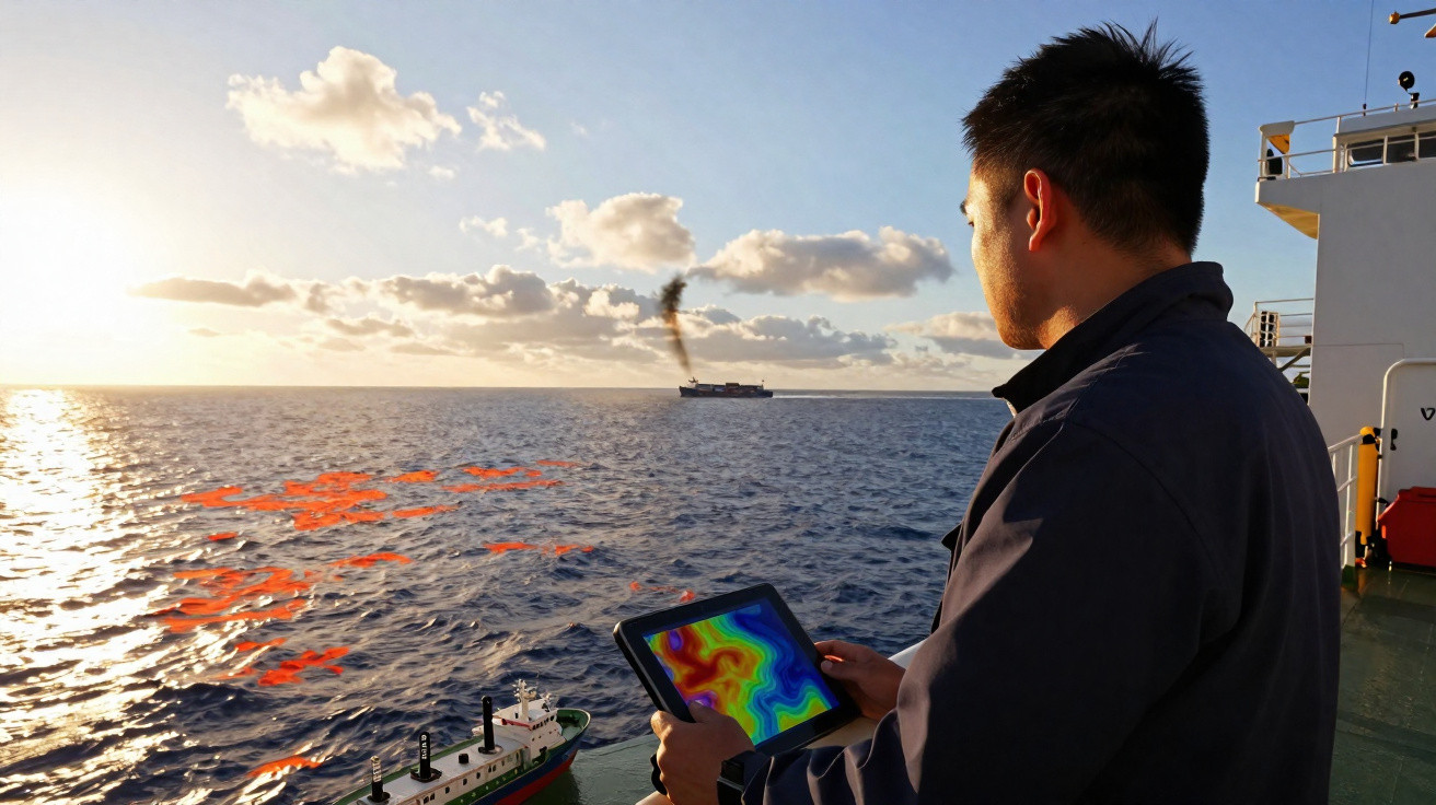 Homem usa tablet com mapa térmico num barco ao pôr do sol com navios no horizonte no mar aberto.