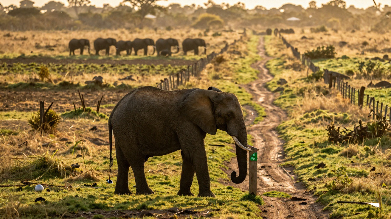 Elefante jovem parado junto a uma cerca num caminho rural com uma manada de elefantes ao fundo numa savana.