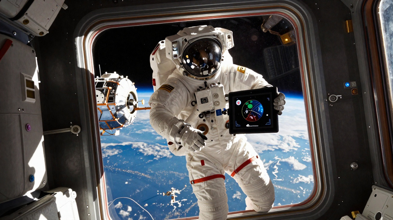 Astronauta em fato espacial no espaço com Terra e módulo espacial ao fundo visto por janela da estação.