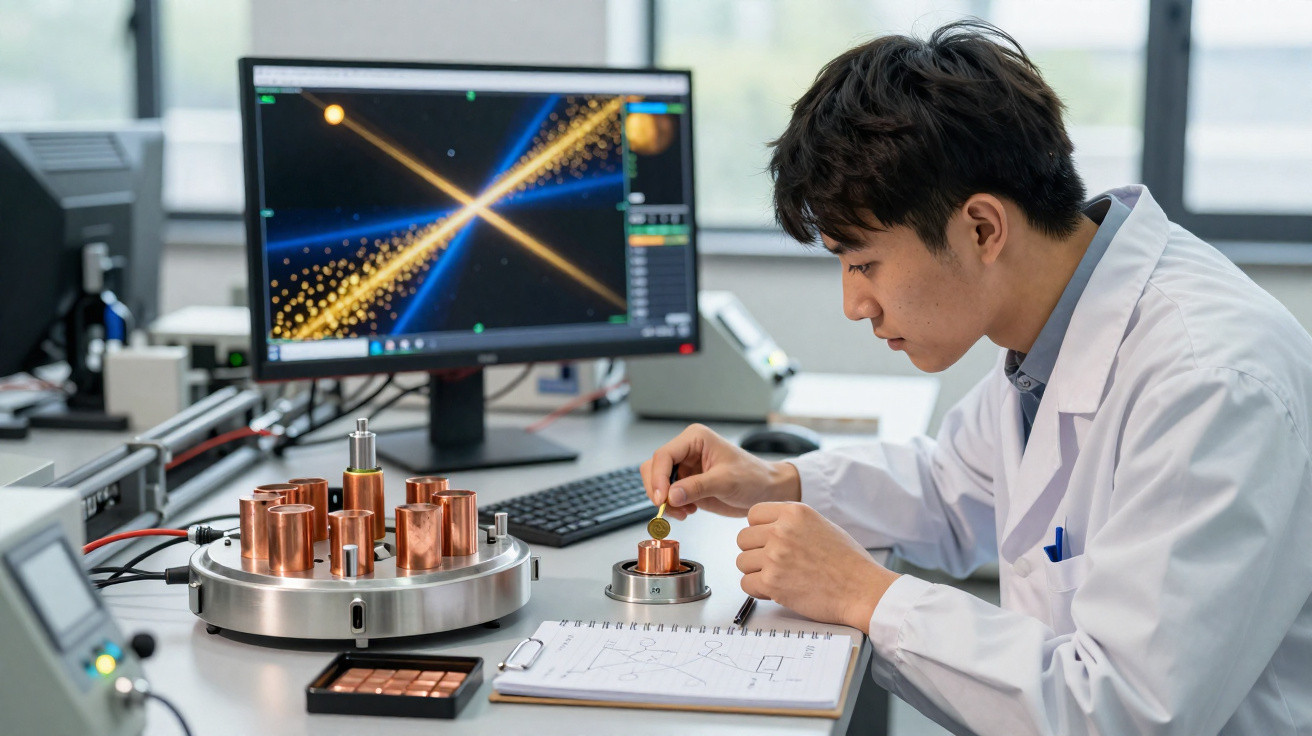 Cientista em laboratório a realizar experimento com dispositivos eletrónicos e monitor com simulação de explosão.