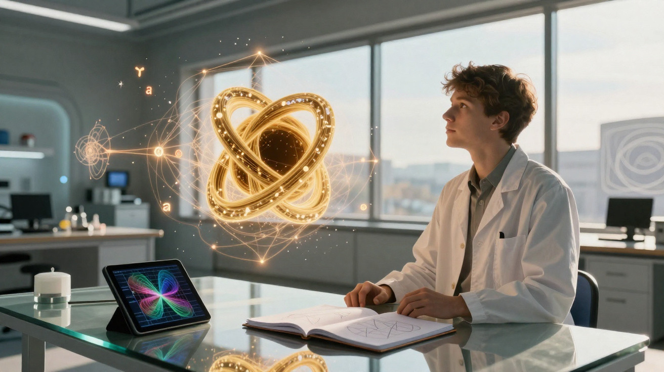 Jovem cientista com bata branca observa e anota dados sobre átomo digital num laboratório moderno.