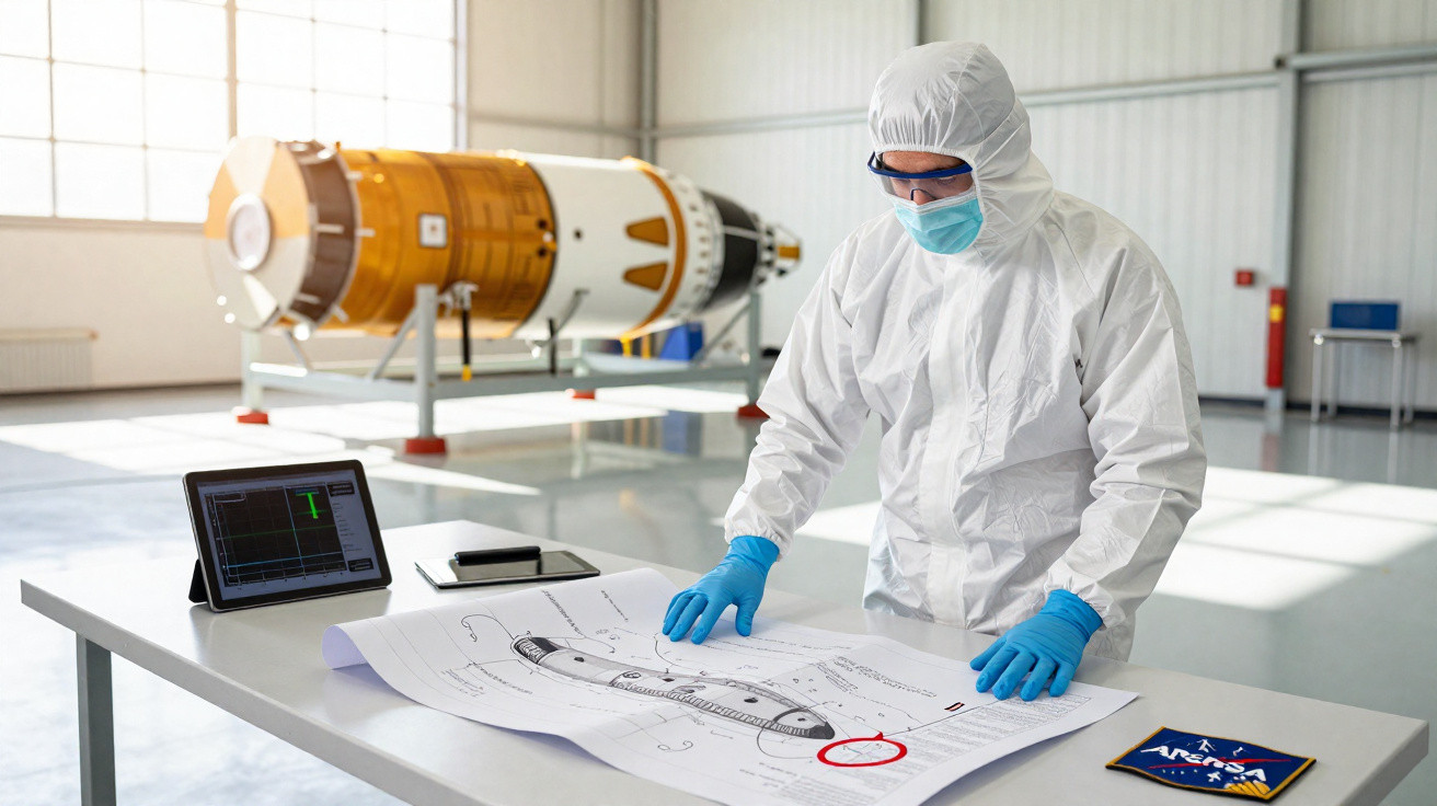 Engenheiro em fato de proteção examina planos de projeto na mesa num ambiente industrial de alta tecnologia.