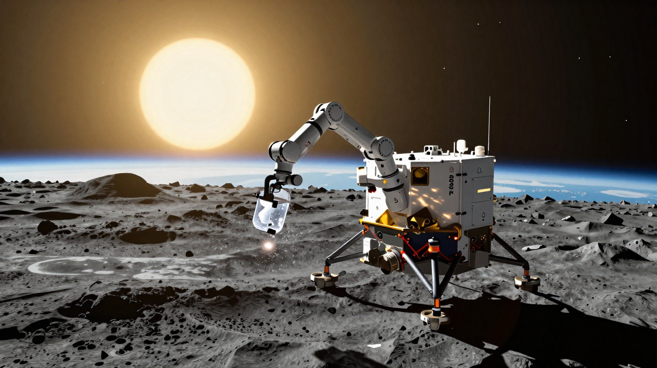 Sonda robótica na superfície de um astro lunar com o Sol visível ao fundo e braço a segurar amostra de gelo.