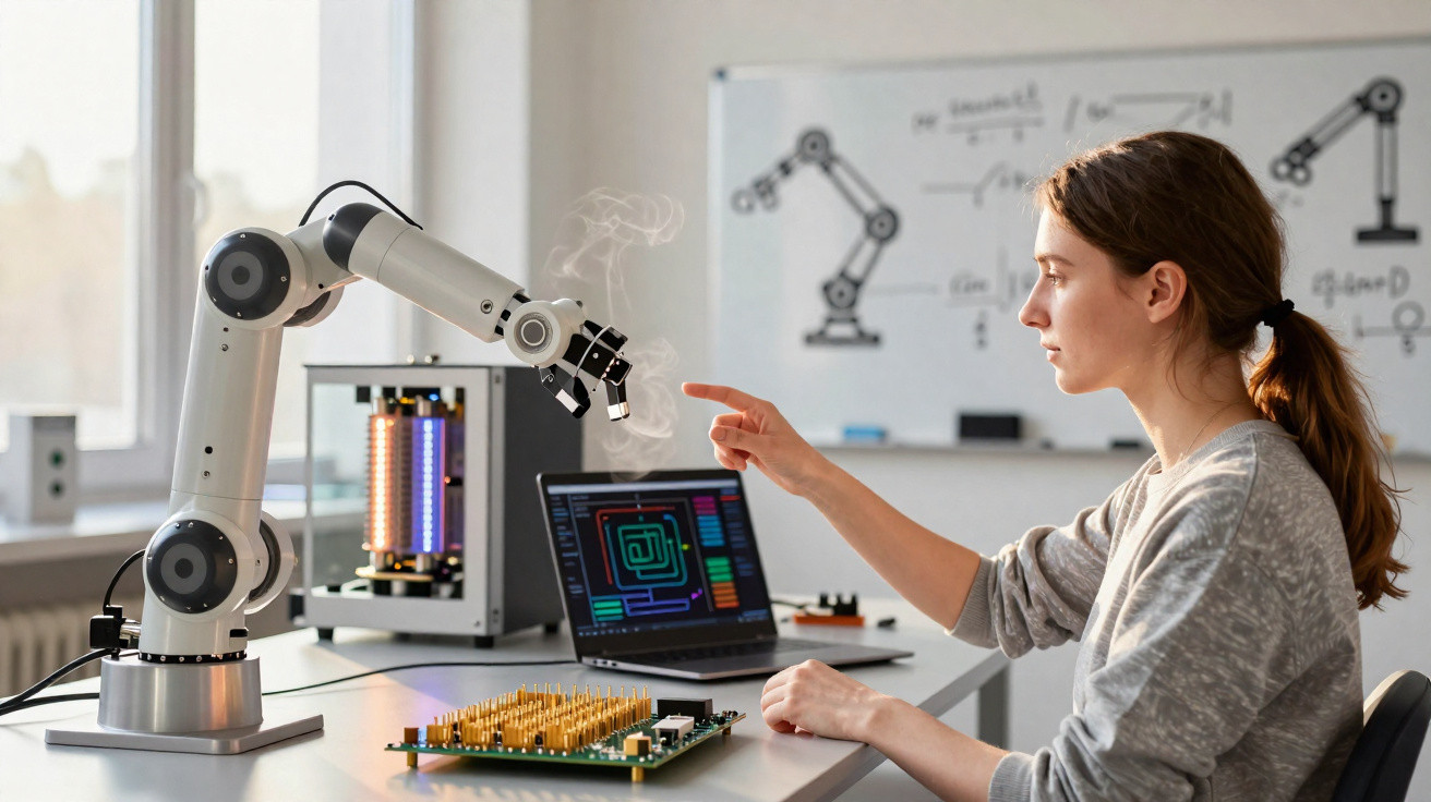 Mulher a programar braço robótico que manipula componentes numa placa eletrónica com computador portátil ao lado.