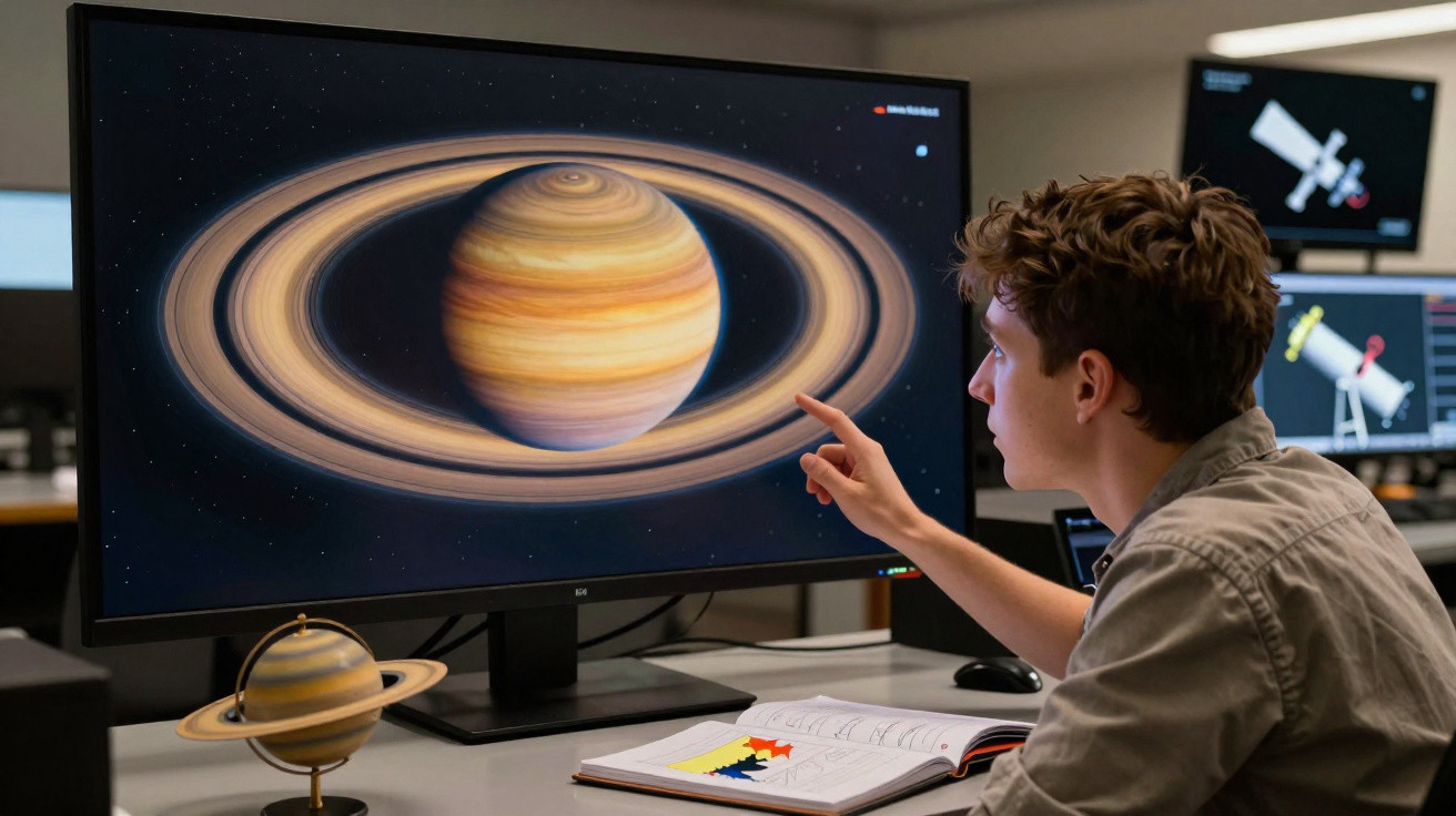 Homem a observar e discutir imagem de Saturno com anéis num ecrã, com modelo de planeta na secretária.