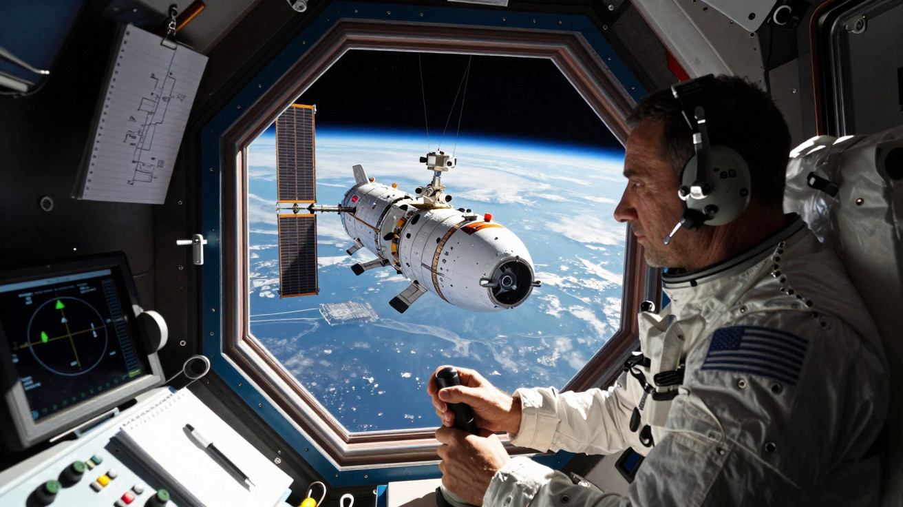Astronauta na nave espacial observa estação orbital com painéis solares em órbita da Terra.
