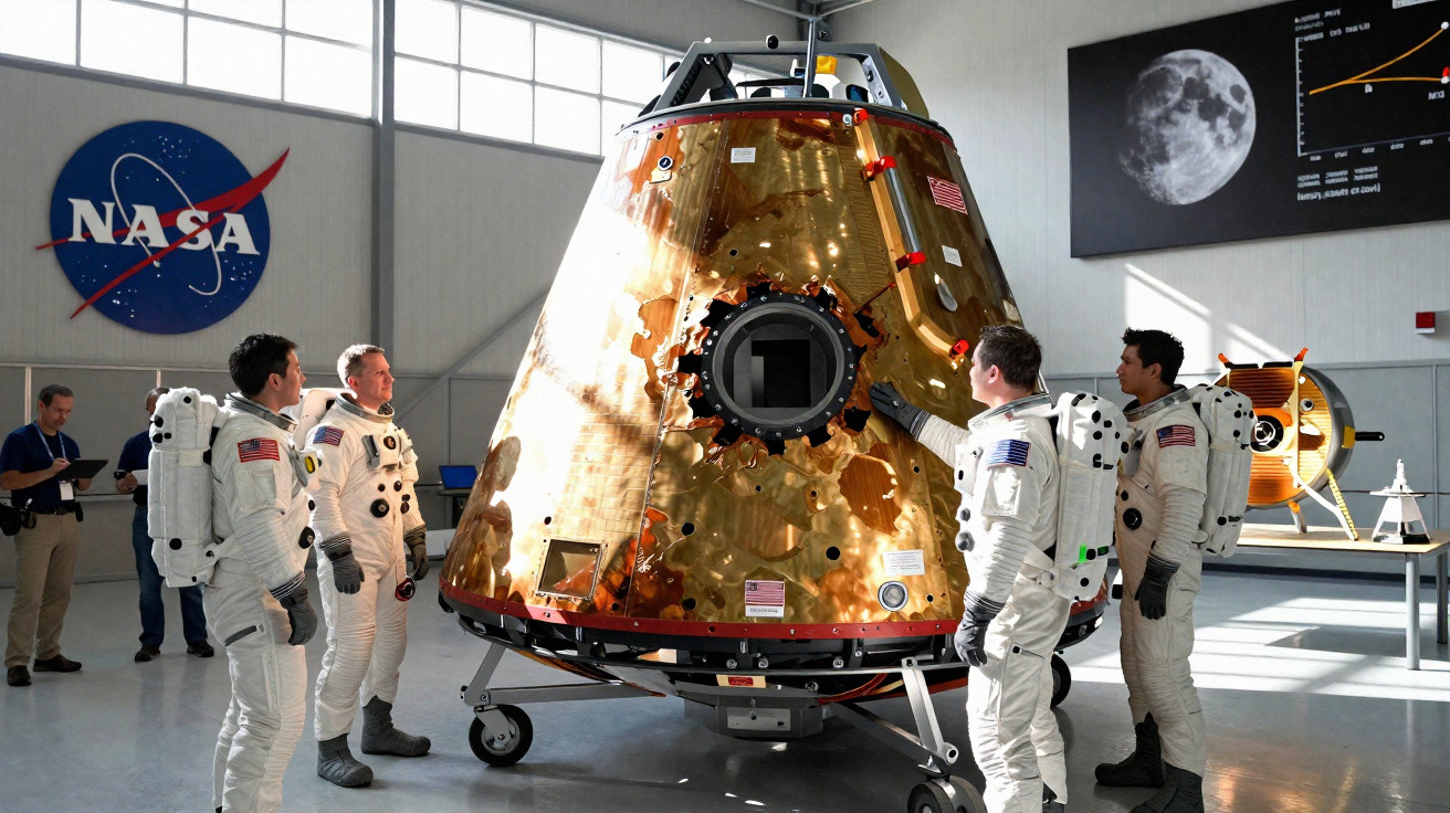 Quatro astronautas em fato espacial diante de módulo lunar com a palavra "Integrity" numa instalação da NASA.