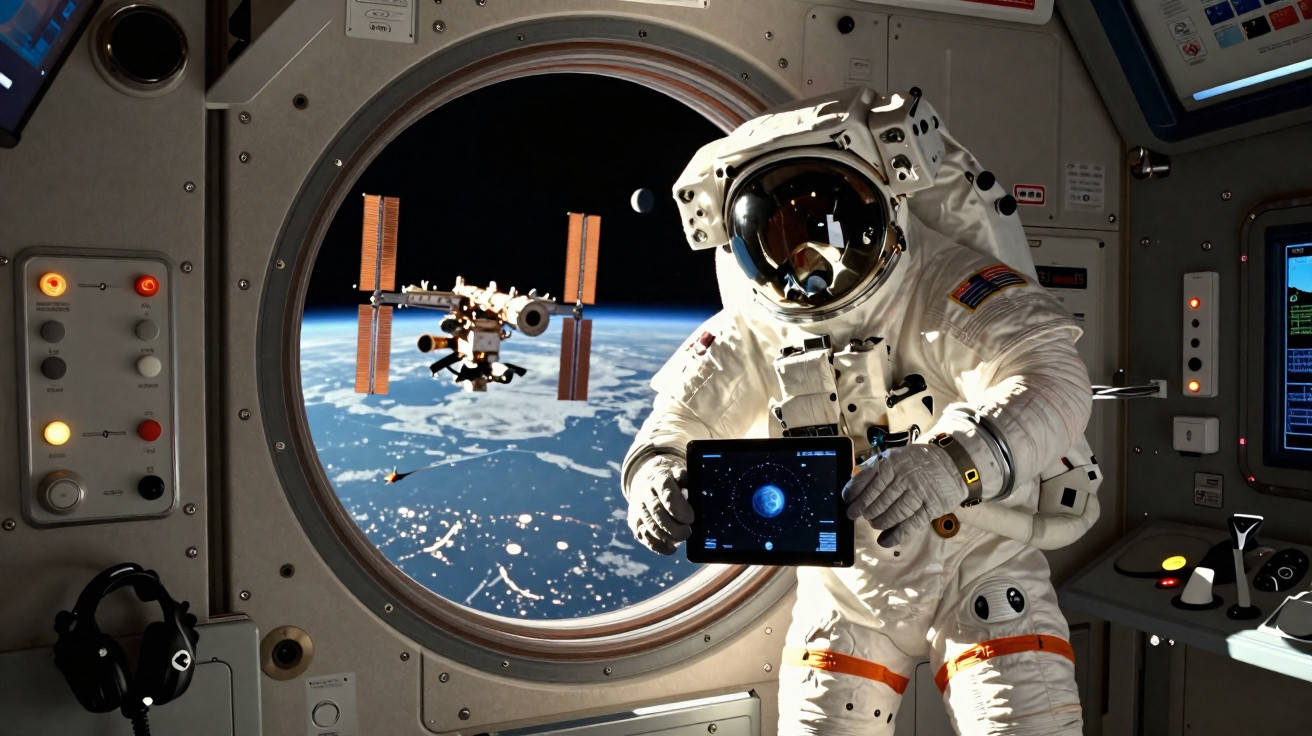 Astronauta em fato espacial dentro de estação com vista para a Terra e a Estação Espacial Internacional.