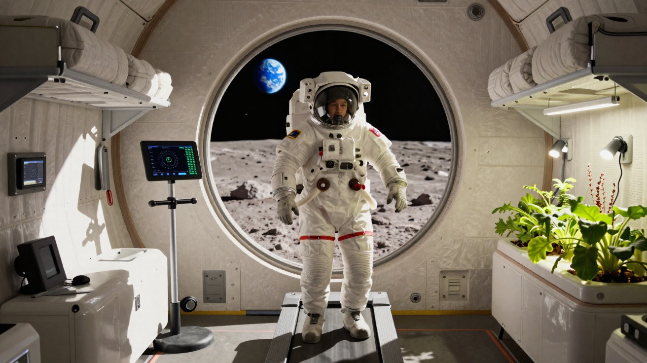 Astronauta em fato espacial numa esteira na Lua, com a Terra visível pela janela circular.