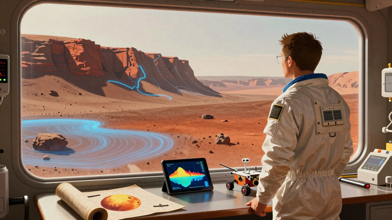 Astronauta observa paisagem marciana e dados digitais numa janela de base espacial futurista.