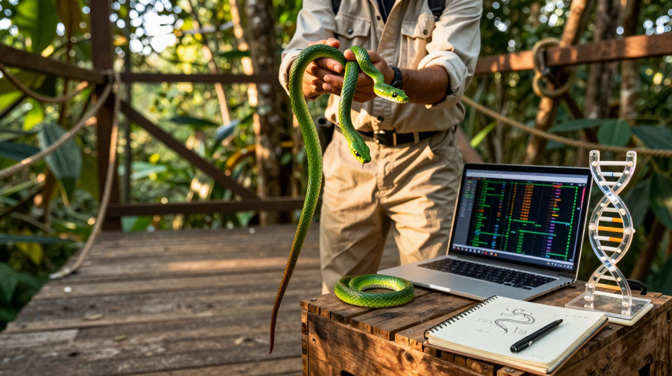 Pessoa segura cobra verde junto a computador e modelo de DNA num ambiente natural ao ar livre.
