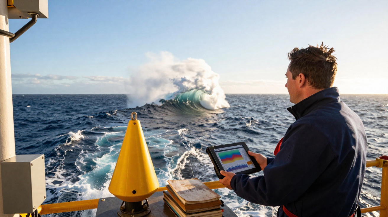 Homem com tablet observa explosão de água no mar a partir de plataforma offshore com equipamento marítimo amarelo.