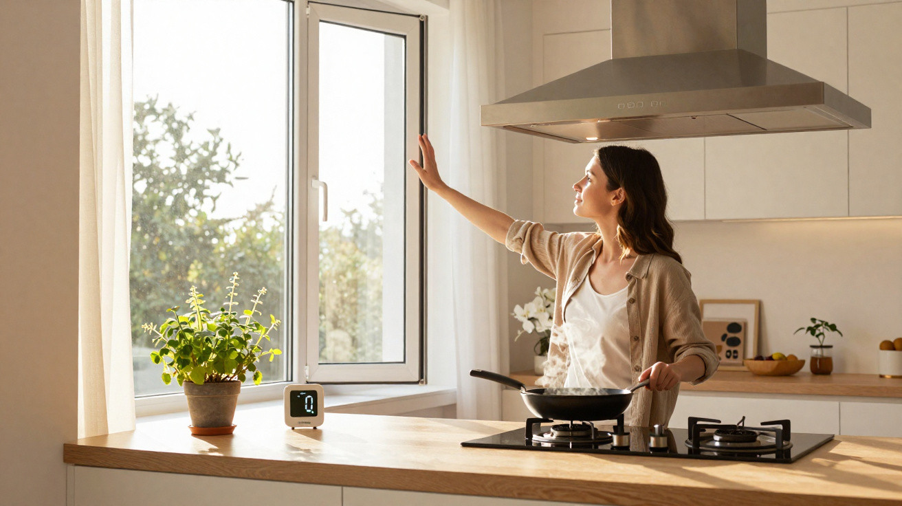 Mulher a cozinhar usando exaustor numa cozinha iluminada, com plantas e utensílios no balcão.
