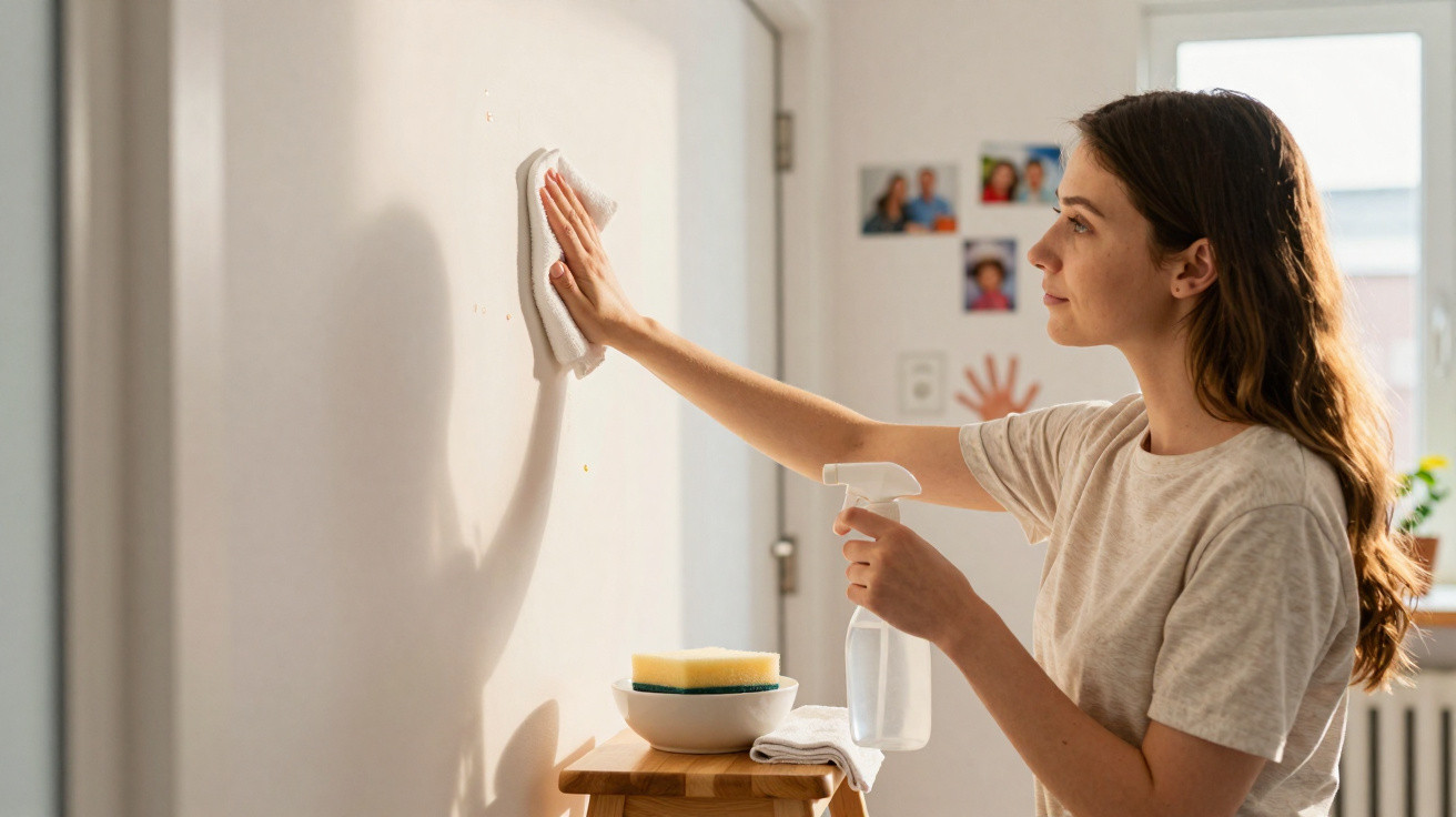 Mulher a limpar e desinfetar uma parede branca numa divisão bem iluminada com spray e pano.
