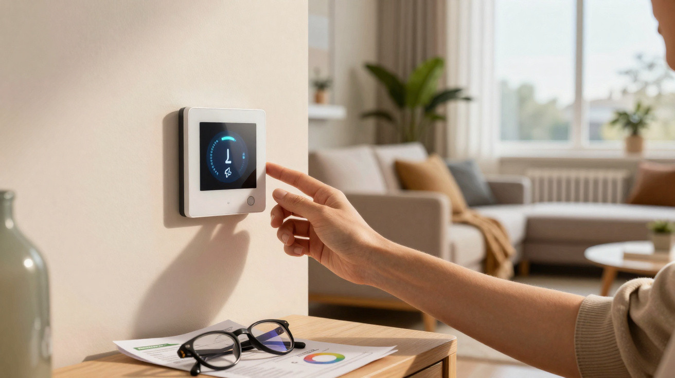 Pessoa ajusta termóstato digital na parede junto a mesa com óculos e fatura de energia, sofá ao fundo.