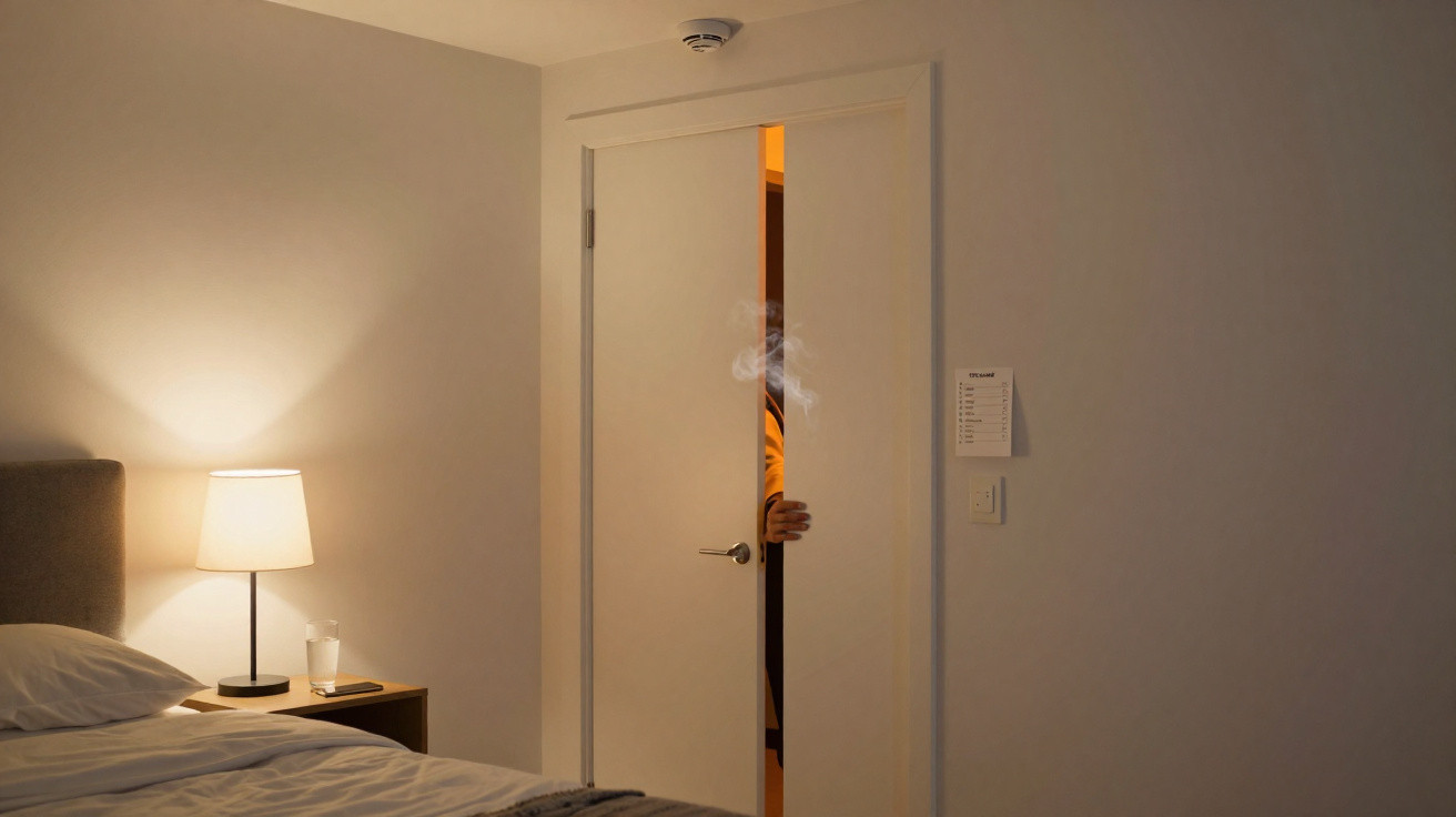 Quarto com duas mesas de cabeceira iluminadas e porta entreaberta com pessoa a sair e bafos de fumo.