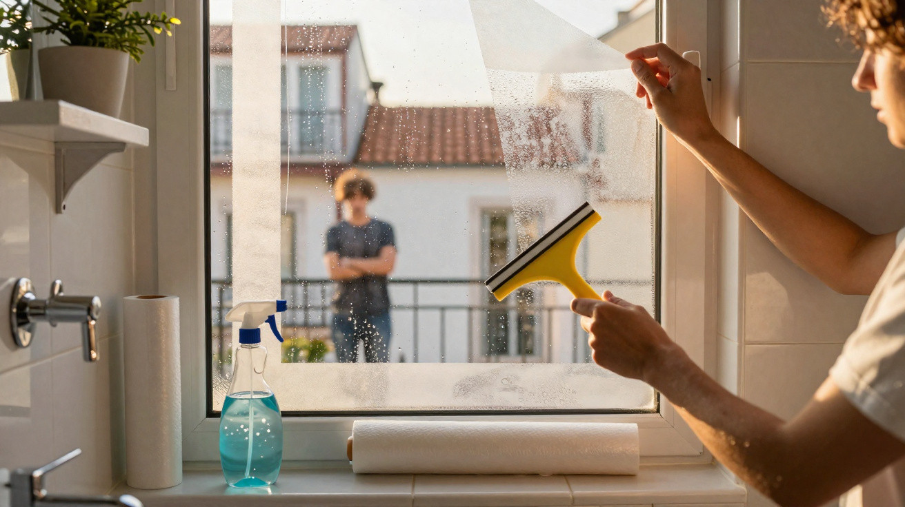 Pessoa a aplicar película transparente numa janela interior com vista para varanda e edifícios.