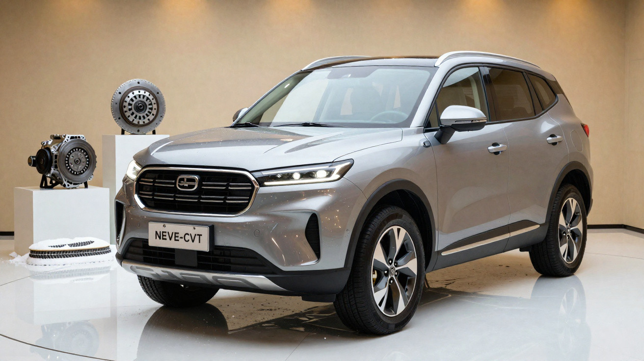 SUV prateado estacionado em interior com peças mecânicas expostas ao fundo, placa frente NEVE-CVT.