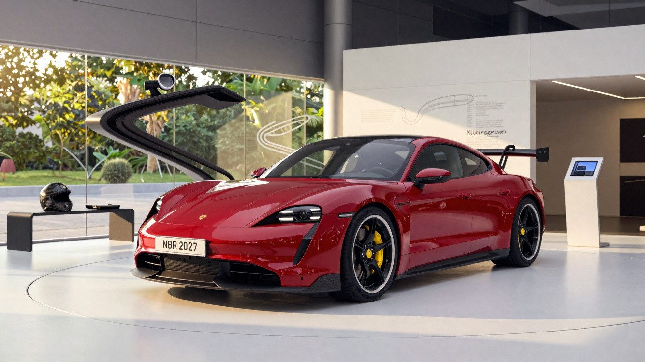 Carro desportivo vermelho Porsche Taycan em exposição dentro de edifício moderno com chão branco.
