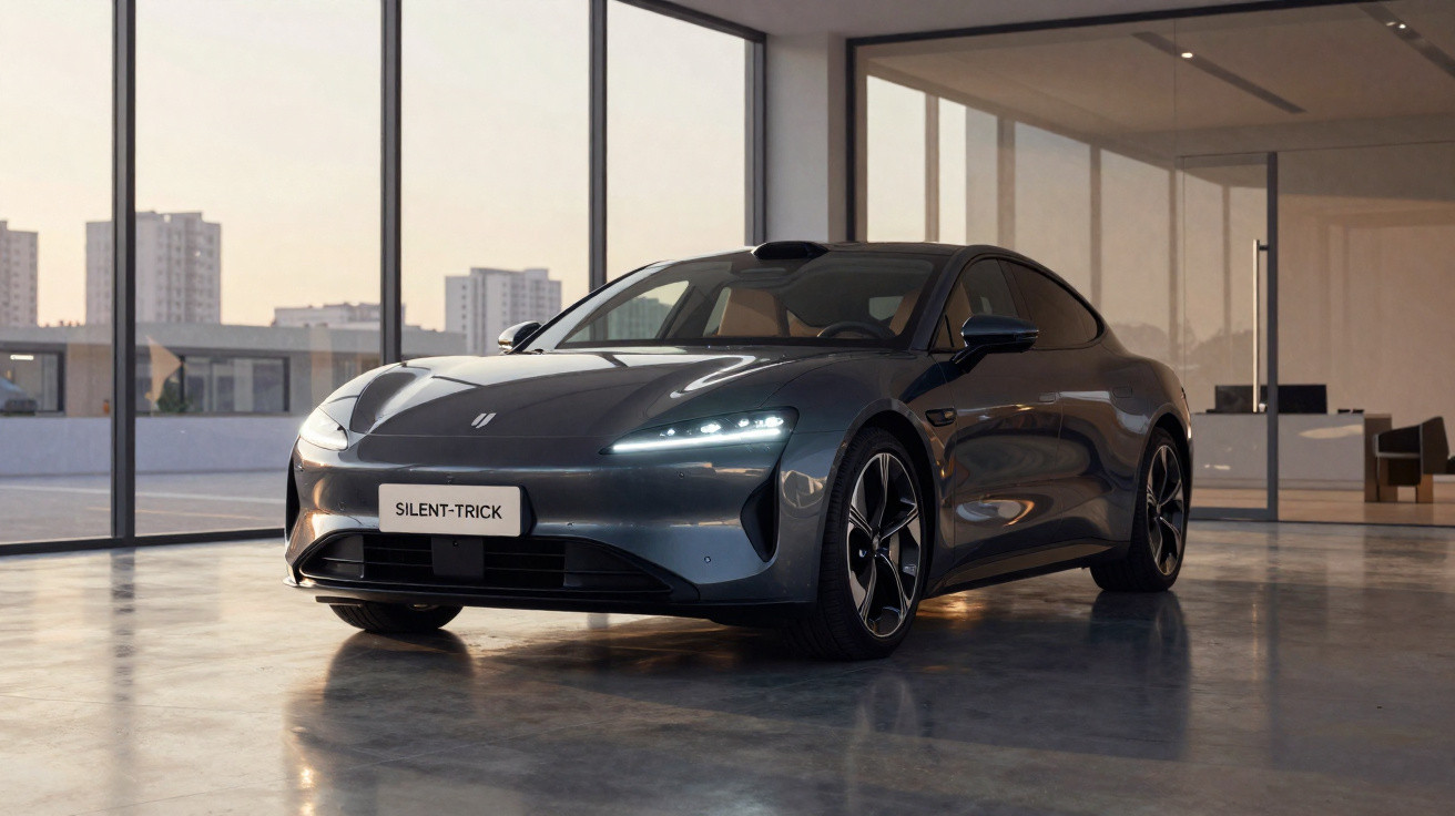 Carro desportivo cinzento escuro estacionado em interior com janelas grandes e luz natural.