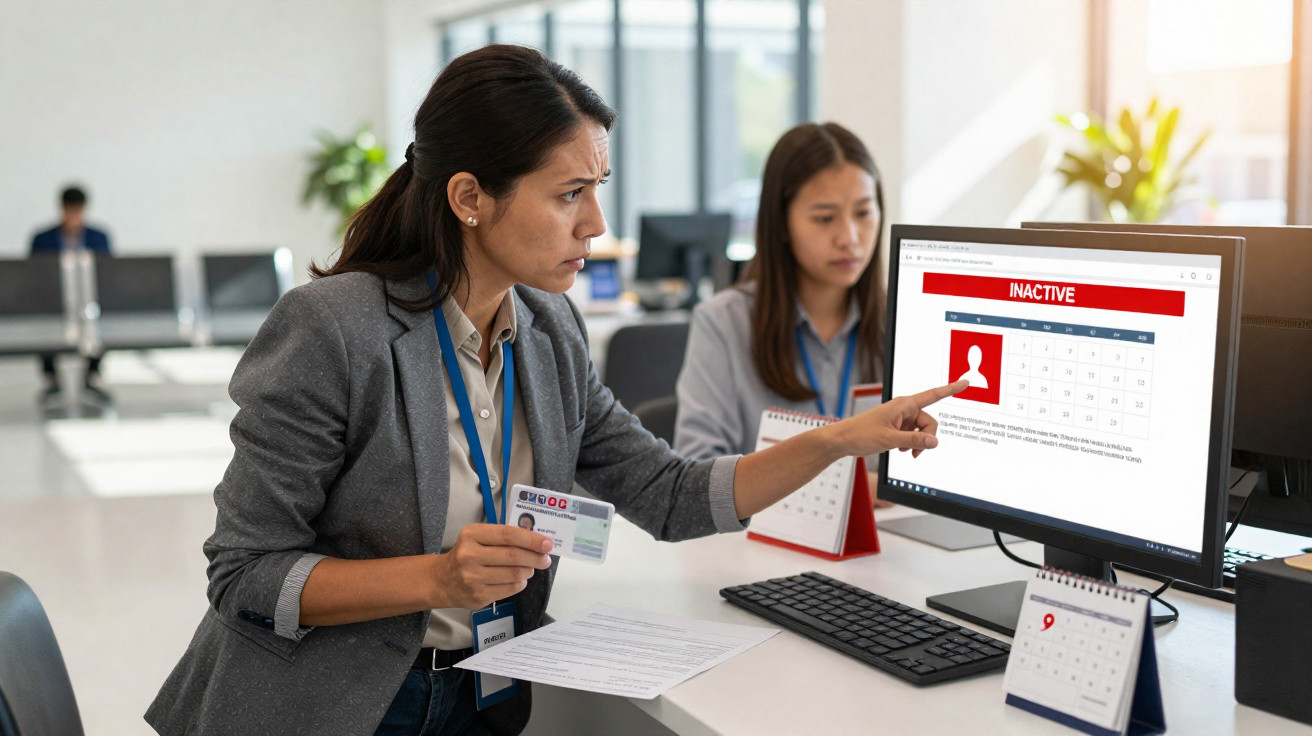 Mulher num escritório a apontar para ecrã do computador com mensagem "INACTIVE" e a segurar documento.