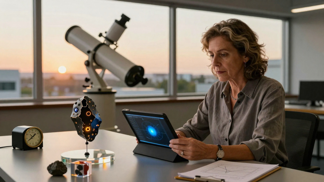 Mulher numa sala com telescópio a ler num tablet, com observatório e céu ao fundo ao entardecer.