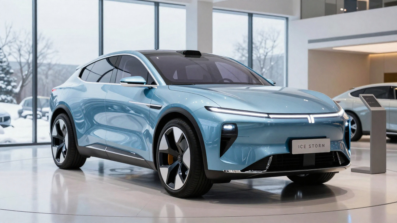Carro elétrico azul claro Ice Storm exposto em sala moderna com janelas grandes e piso brilhante.