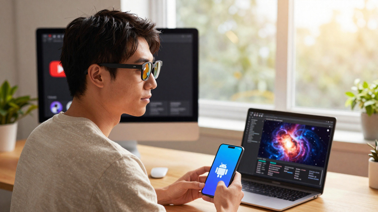 Homem jovem com óculos a usar telemóvel e portátil numa secretária com ecrã de computador ao fundo.