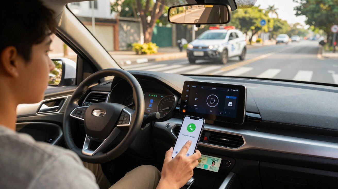 Mulher ao volante de carro Mercedes segurando telemóvel com chamada ativa na mão direita.