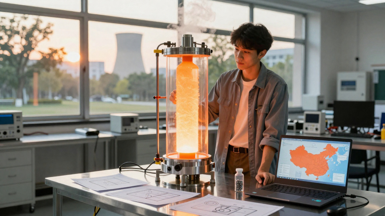 Jovem cientista observa equipamento gerador de vapor em laboratório com computador e esquemas técnicos na mesa.