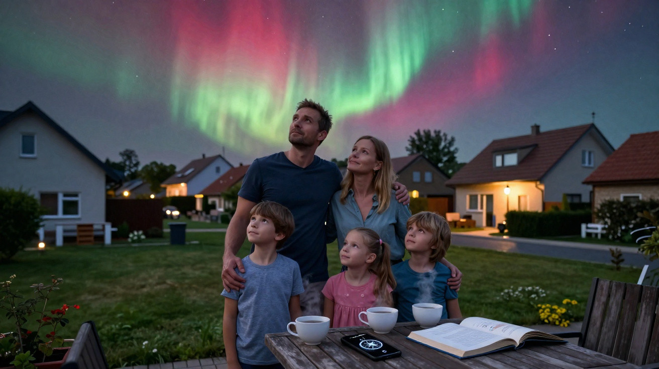 Família de cinco pessoas observa aurora boreal à noite, em jardim com casas iluminadas ao fundo.