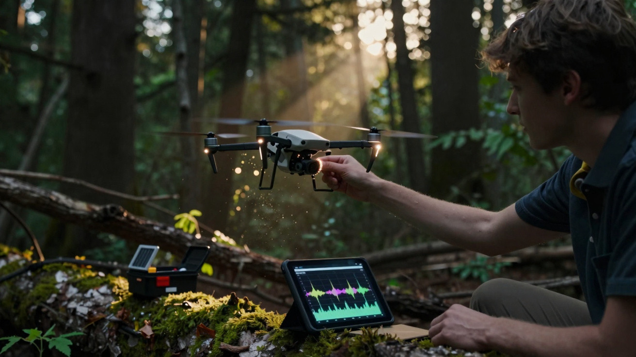 Rapaz a segurar drone com tablet de controlo numa floresta ao entardecer.