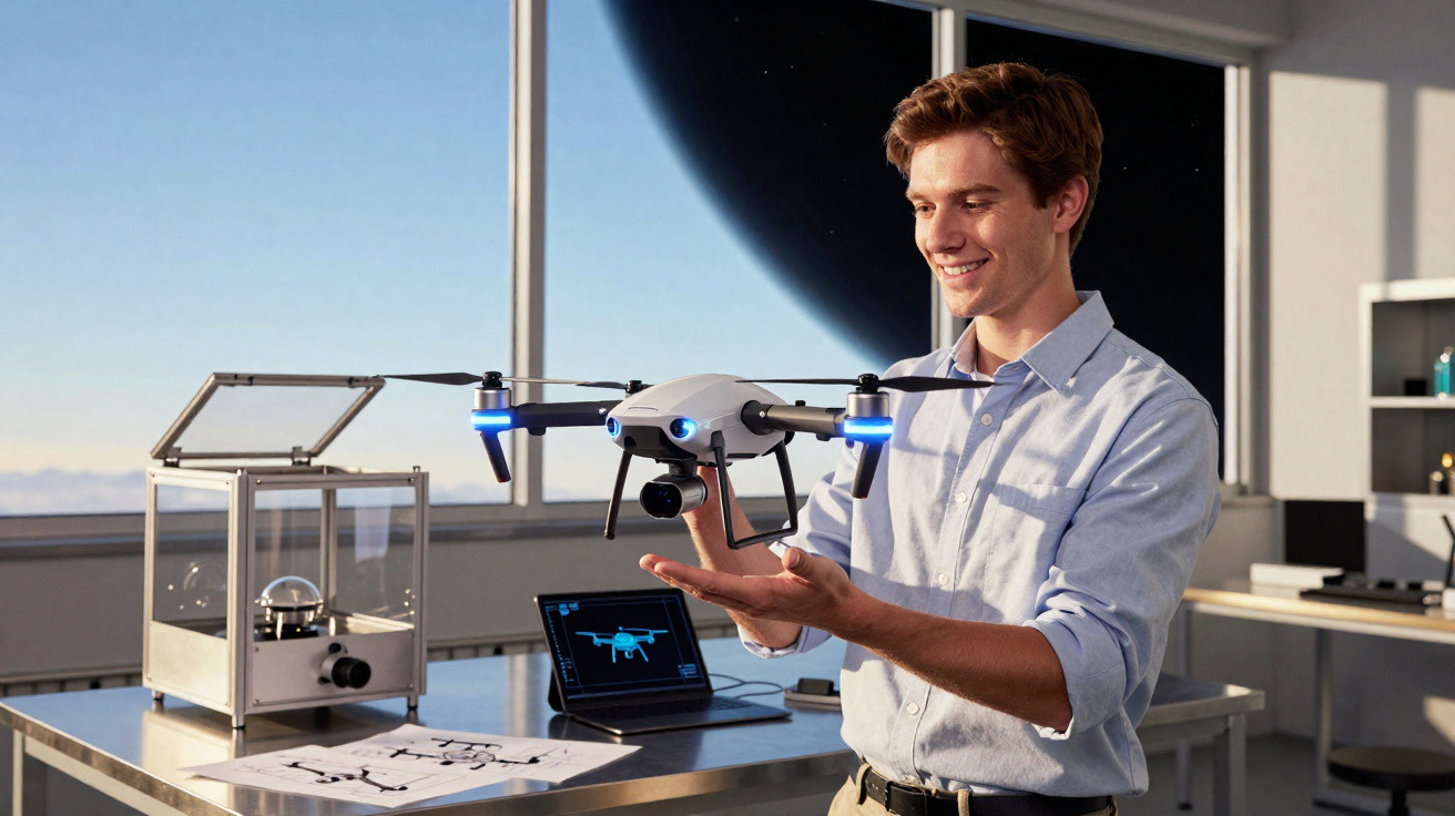 Jovem segura drone branco enquanto está num laboratório com computadores e janelas a fundo.
