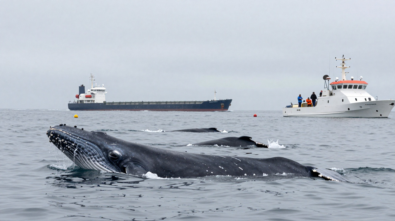 Baleias-franca emergem perto da superfície no oceano com barcos ao fundo em dia nublado.