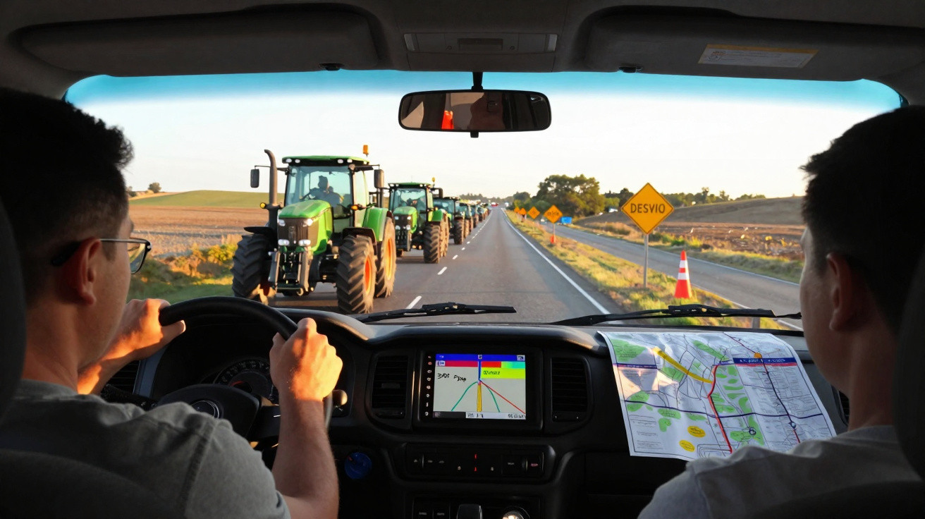 Condutor em carro seguindo fila de tratores numa estrada com sinal de desvio à esquerda.